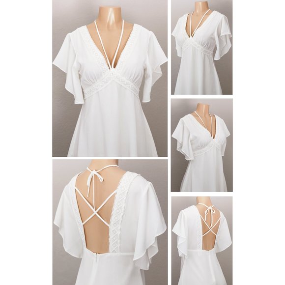 White Plunging V Neck Strappy Skater Mini Dress - Picture 3 of 8